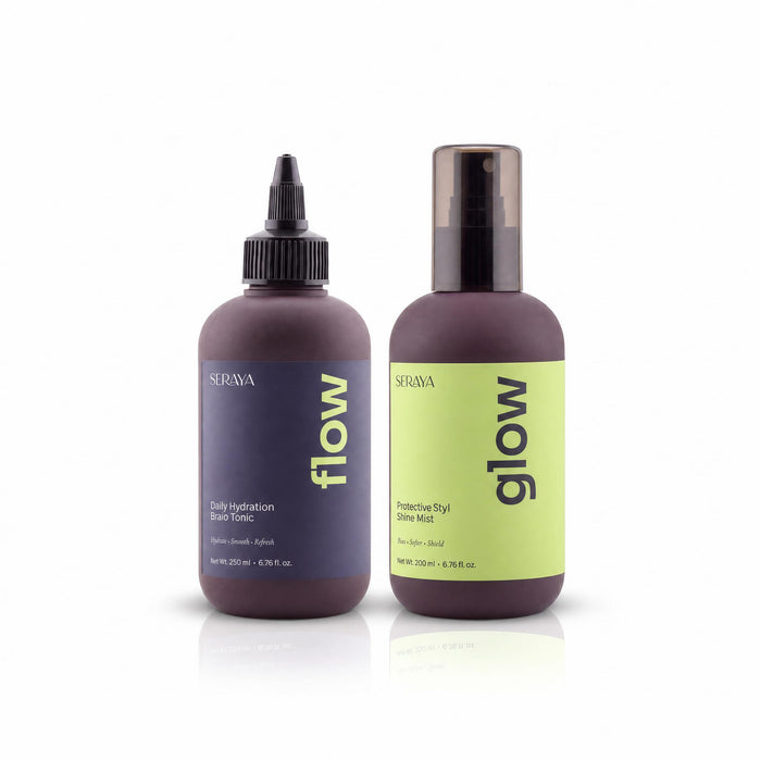 Between Wash Day Kit: Flow Daily Hydration Braid Tonic and Glow Protective Style Shine Mist, 200 ml each, on a white background