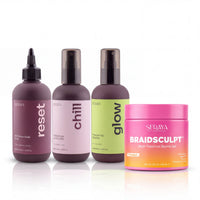 Braid Crown Kit: BraidSculpt Multi-Function Styling Gel 16.9 oz with Reset, Chill and Glow scalp care bottles on a white background