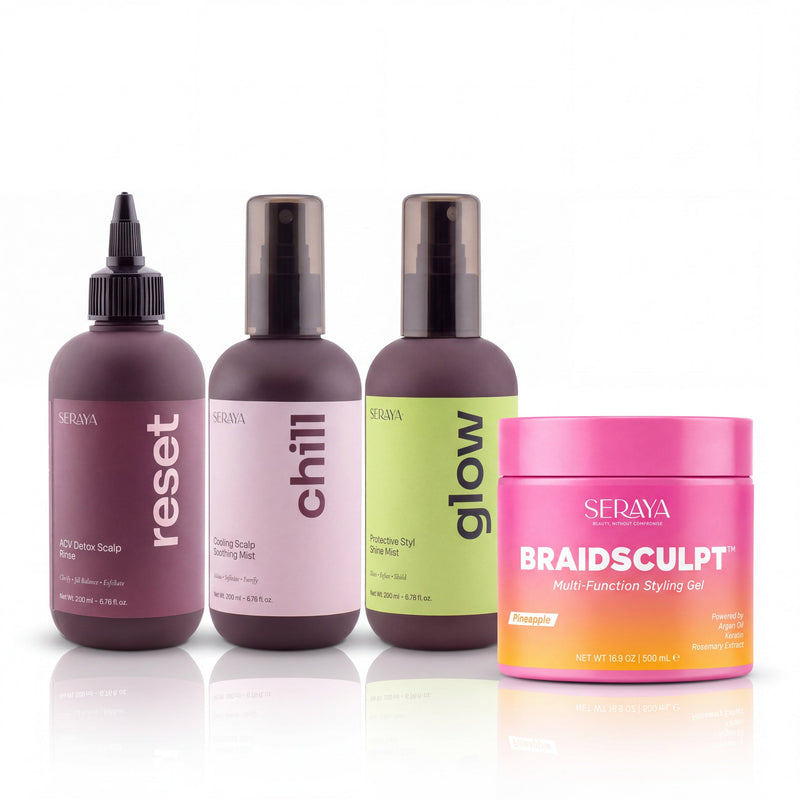 Braid Crown Kit: BraidSculpt Multi-Function Styling Gel 16.9 oz with Reset, Chill and Glow scalp care bottles on a white background