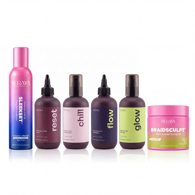 Full Crown Revival: SleekSet Daily Setting Mousse, BraidSculpt Styling Gel 16.9 oz and the four Braid Revival bottles, Reset, Chill, Flow and Glow, on a white background