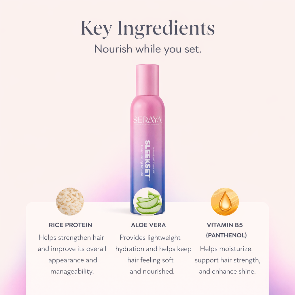 SleekSet mousse key ingredients: rice protein, aloe vera, vitamin B5
